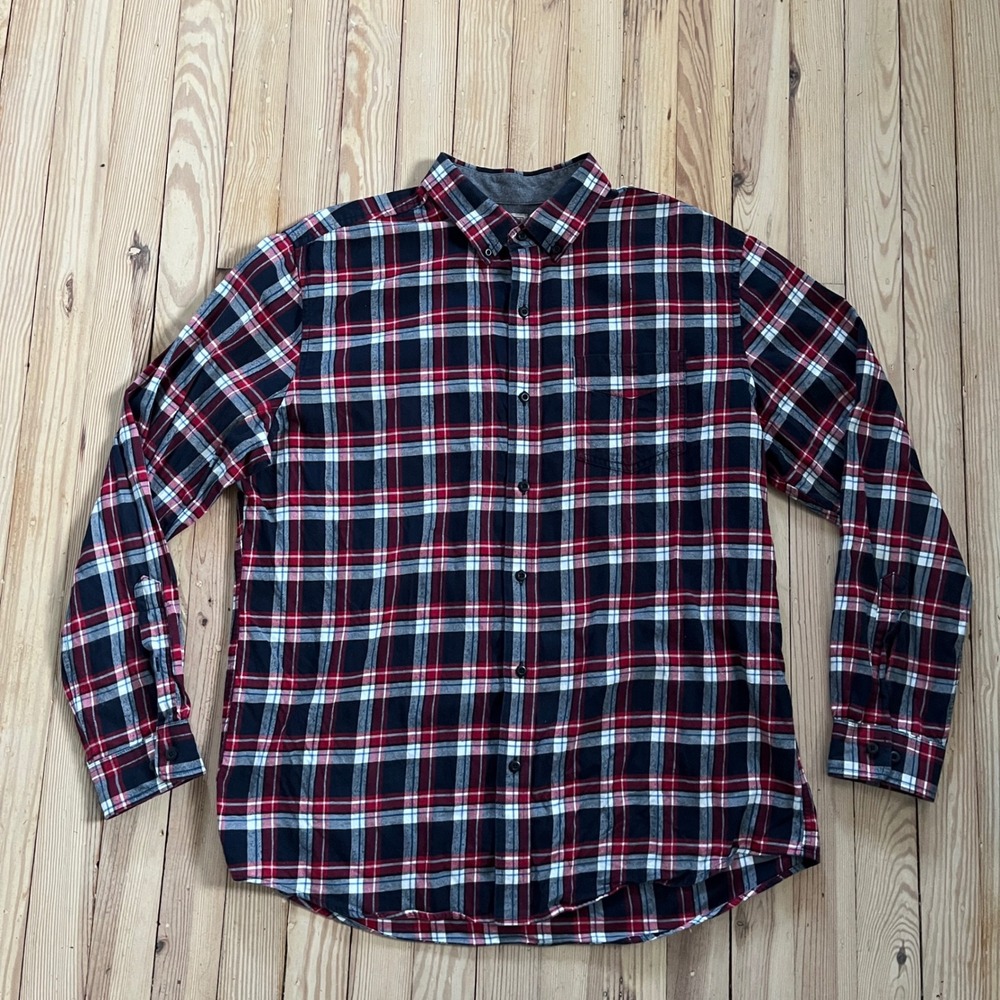 L.L. Bean Mens Flannel Plaid Button Down Shirt‎ Large Red Navy White Long Sleeve